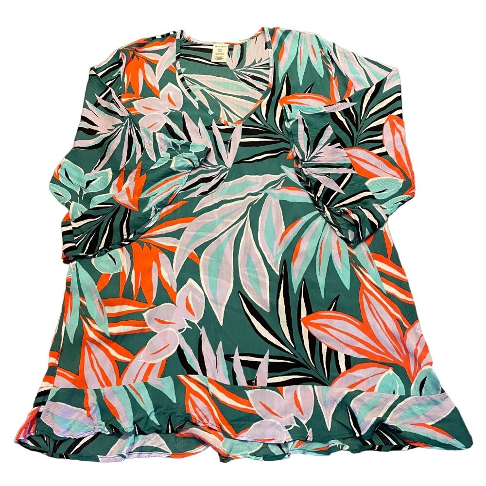 Anne Cole Novelty Tropical Print Bell Sleeve 100% Rayon Tunic Coverup Dress M